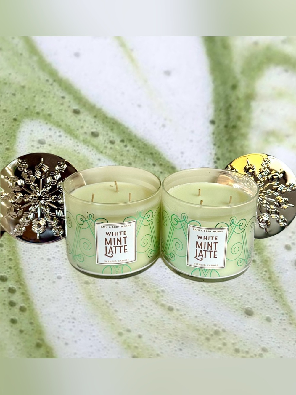 2X WHITE MINT LATTE Scented 3-wick Candle Bath & and Body Works Snowflake Lid